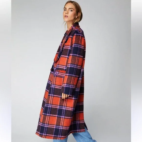 Nasty Gal Premium Plaid Double-Breasted Wool Look Coat Orange & Purple Size 16 - Picture 5 of 17